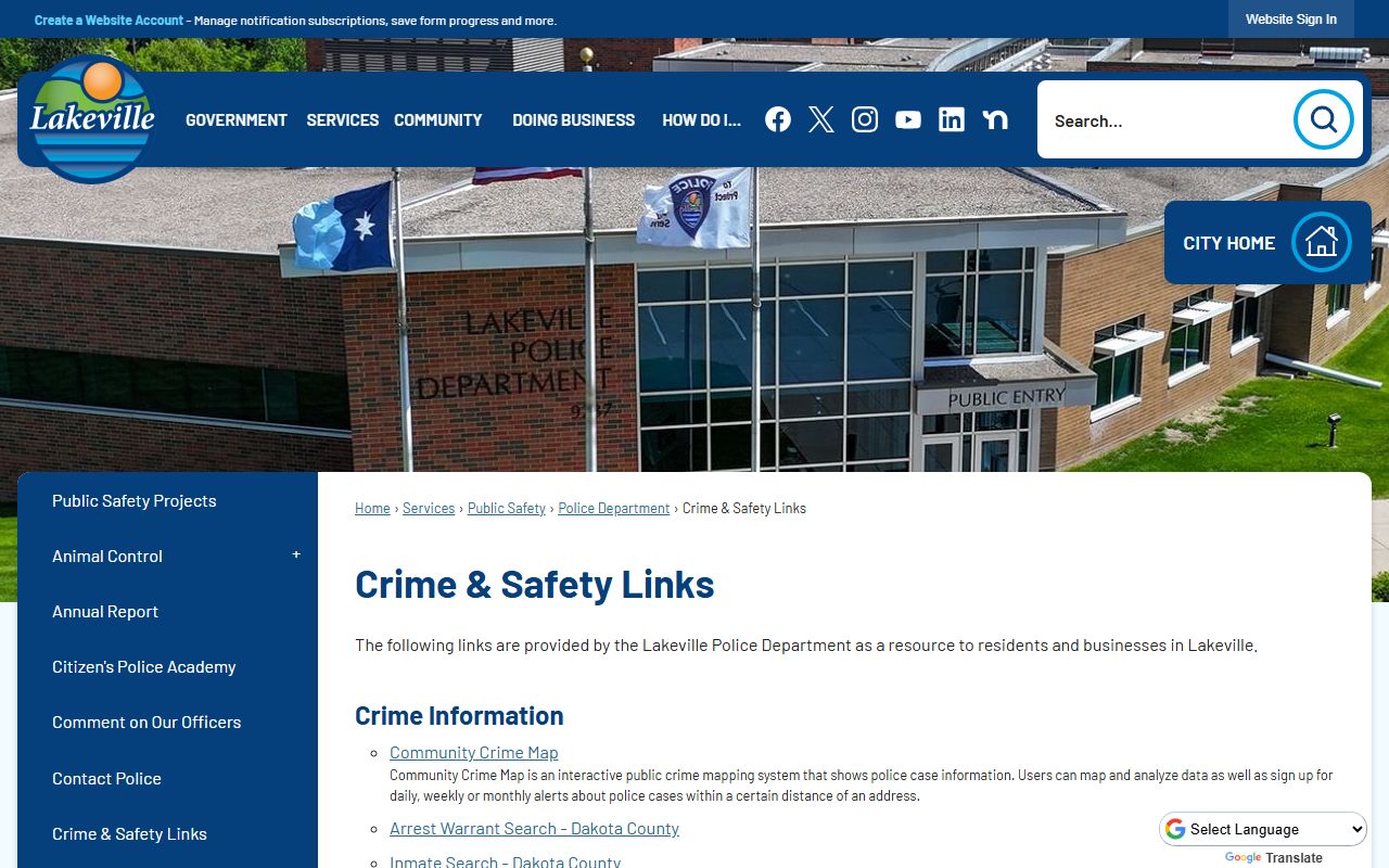 Lakeville Crime Safety Links page with jail roster resources