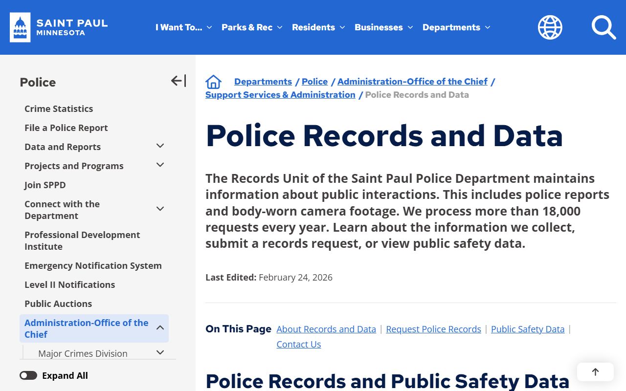 St. Paul Police records request page for jail roster information
