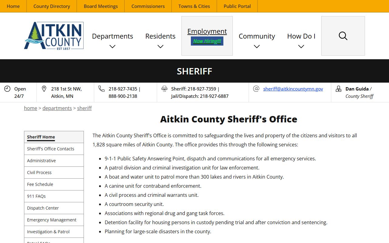 Aitkin County Sheriff's Office page with jail roster details