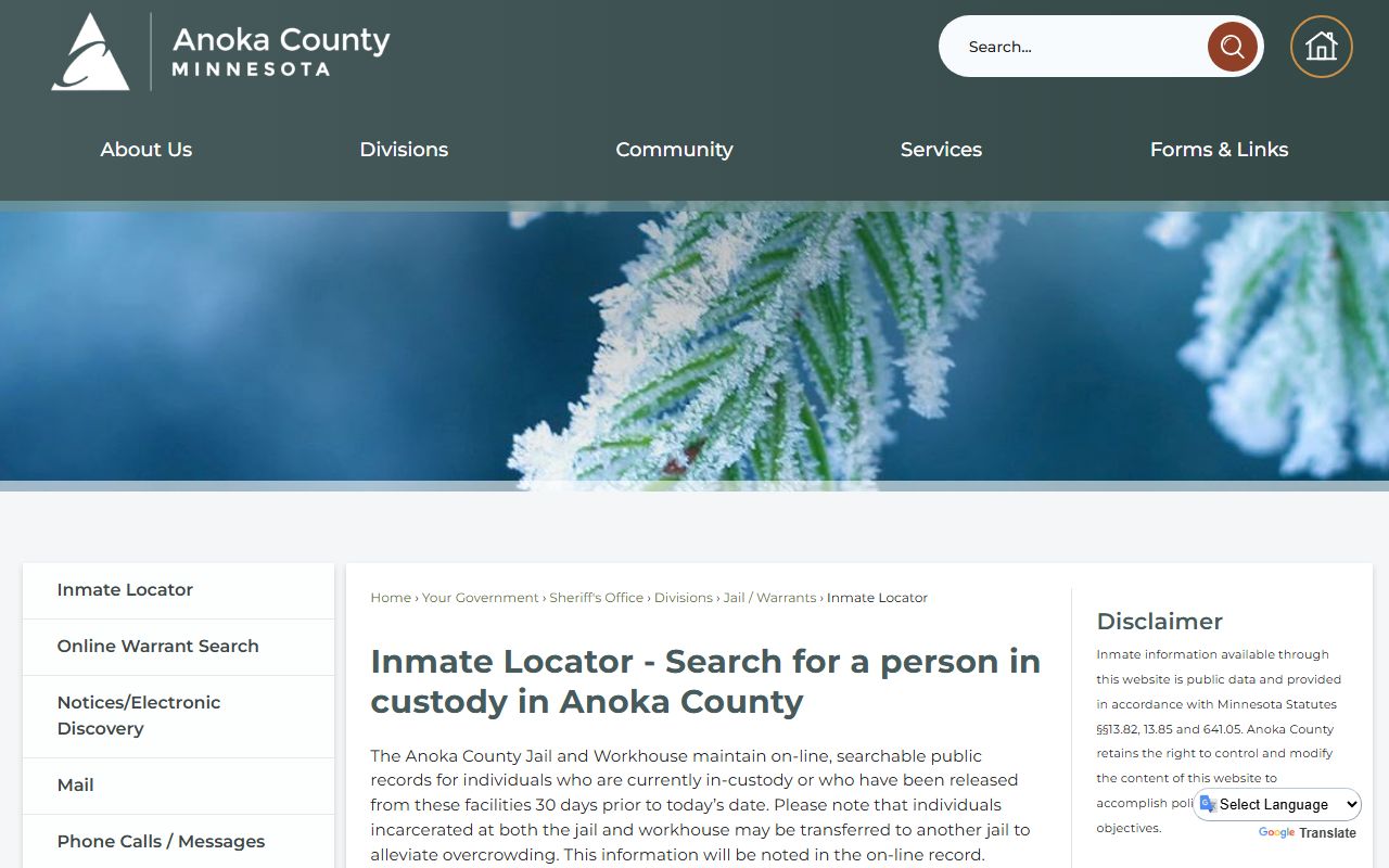 Anoka County Inmate Locator showing jail roster search