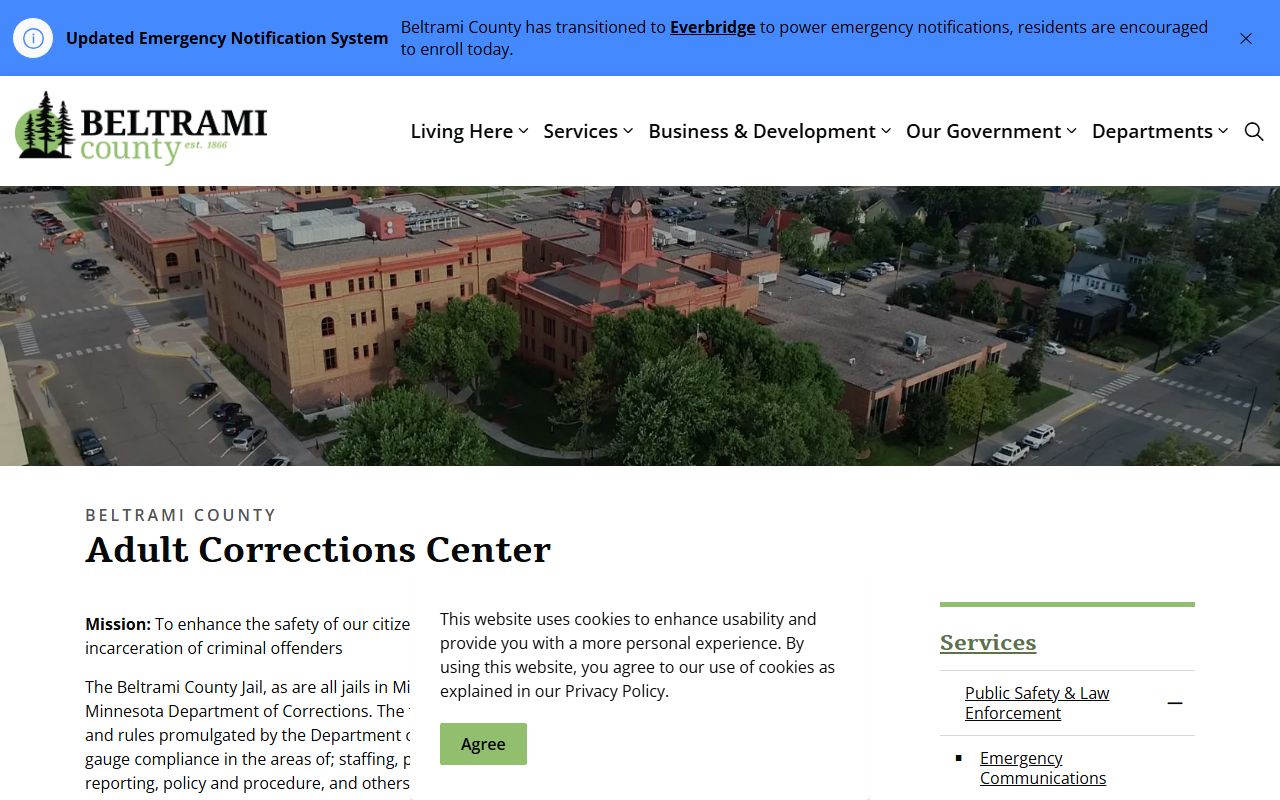 Beltrami County Adult Corrections Center page showing jail roster access