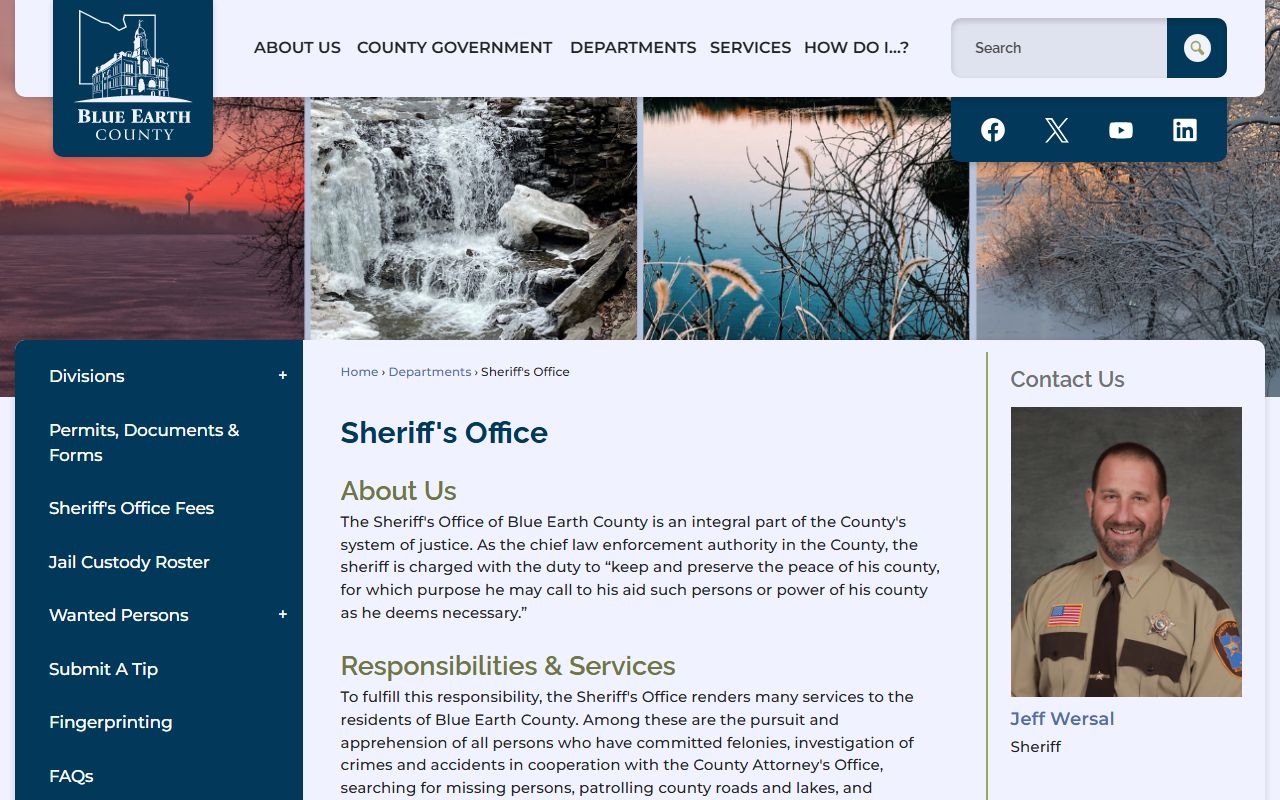 Blue Earth County Sheriff's Office page with jail roster links