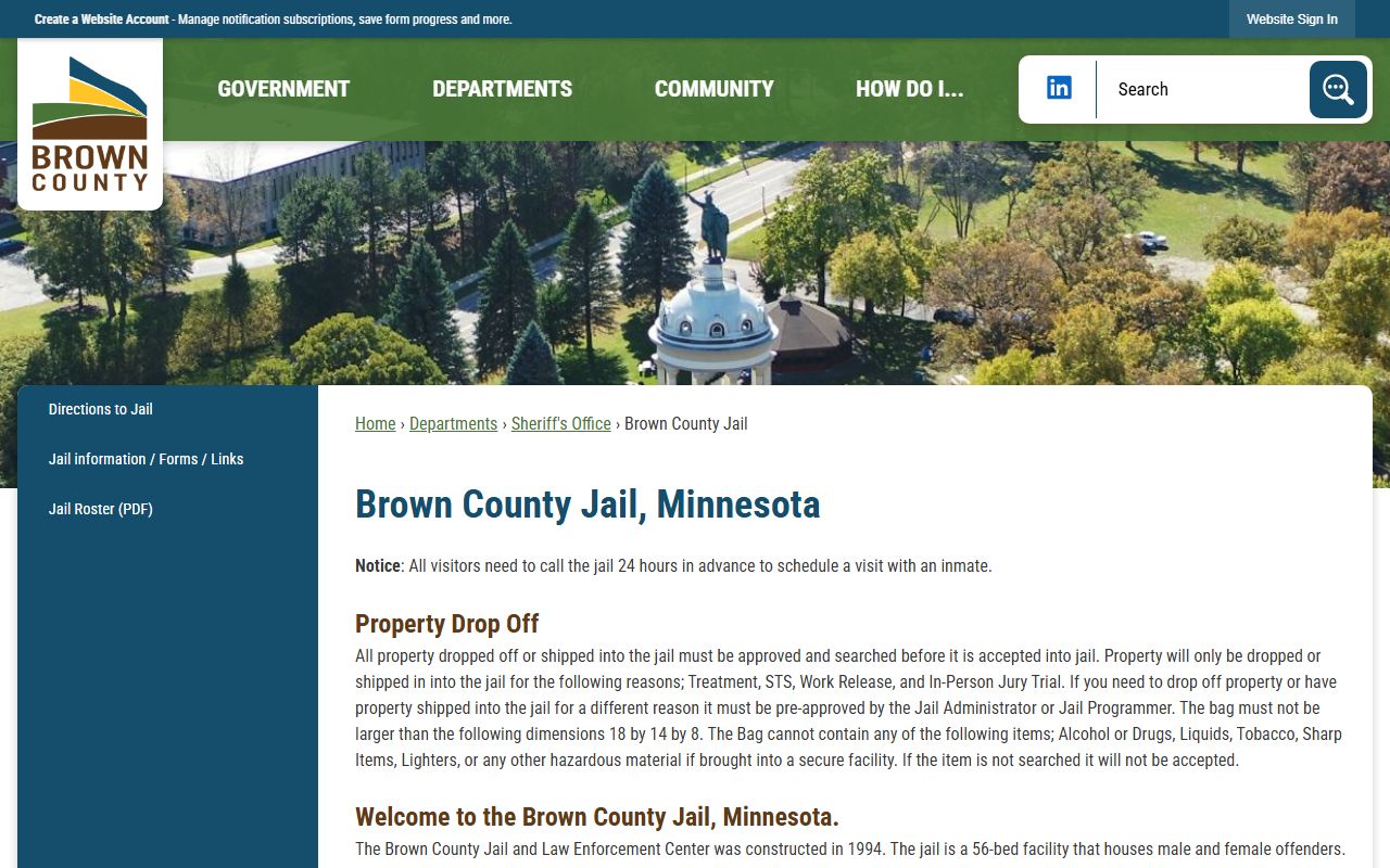 Brown County Jail page with facility details and inmate information