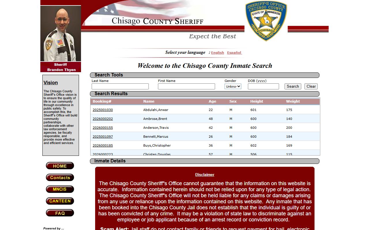 Chisago County inmate locator search page for jail roster lookups