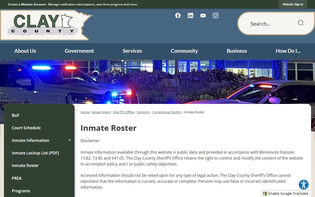 Clay County inmate roster page with JailTracker jail roster search