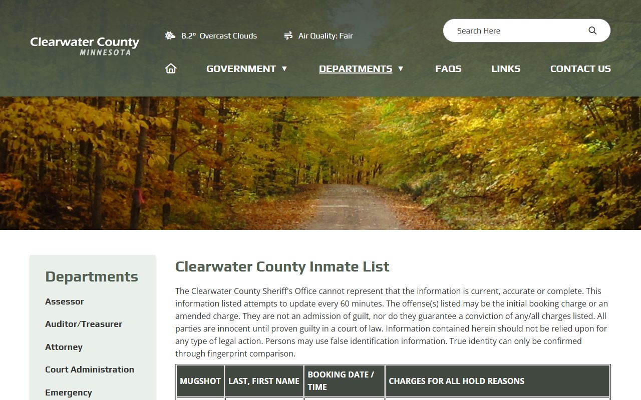 Clearwater County inmate list page showing jail roster data