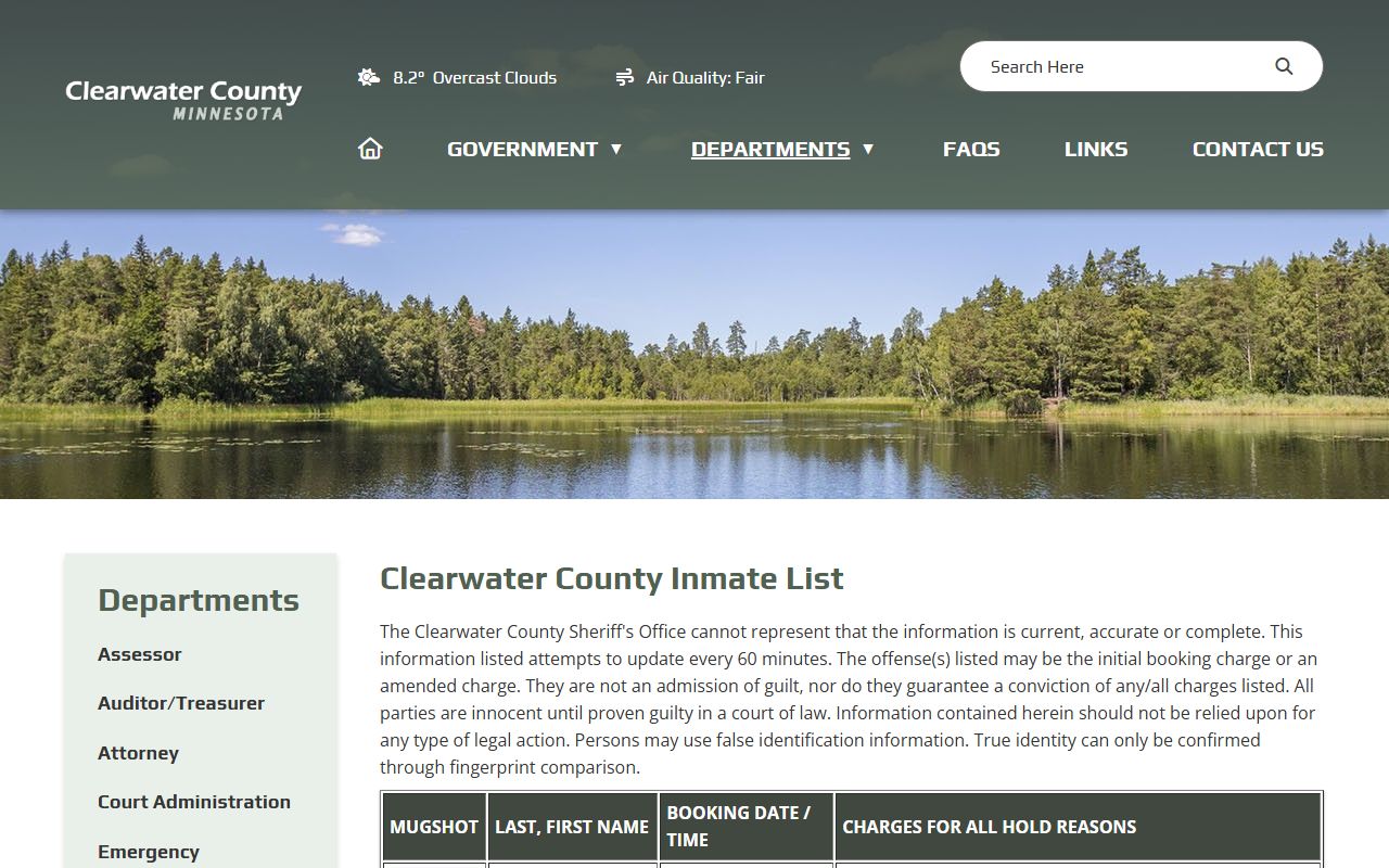 Clearwater County legacy jail roster page for inmate searches