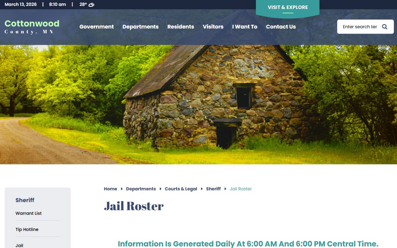 Cottonwood County jail roster page with current inmate listings