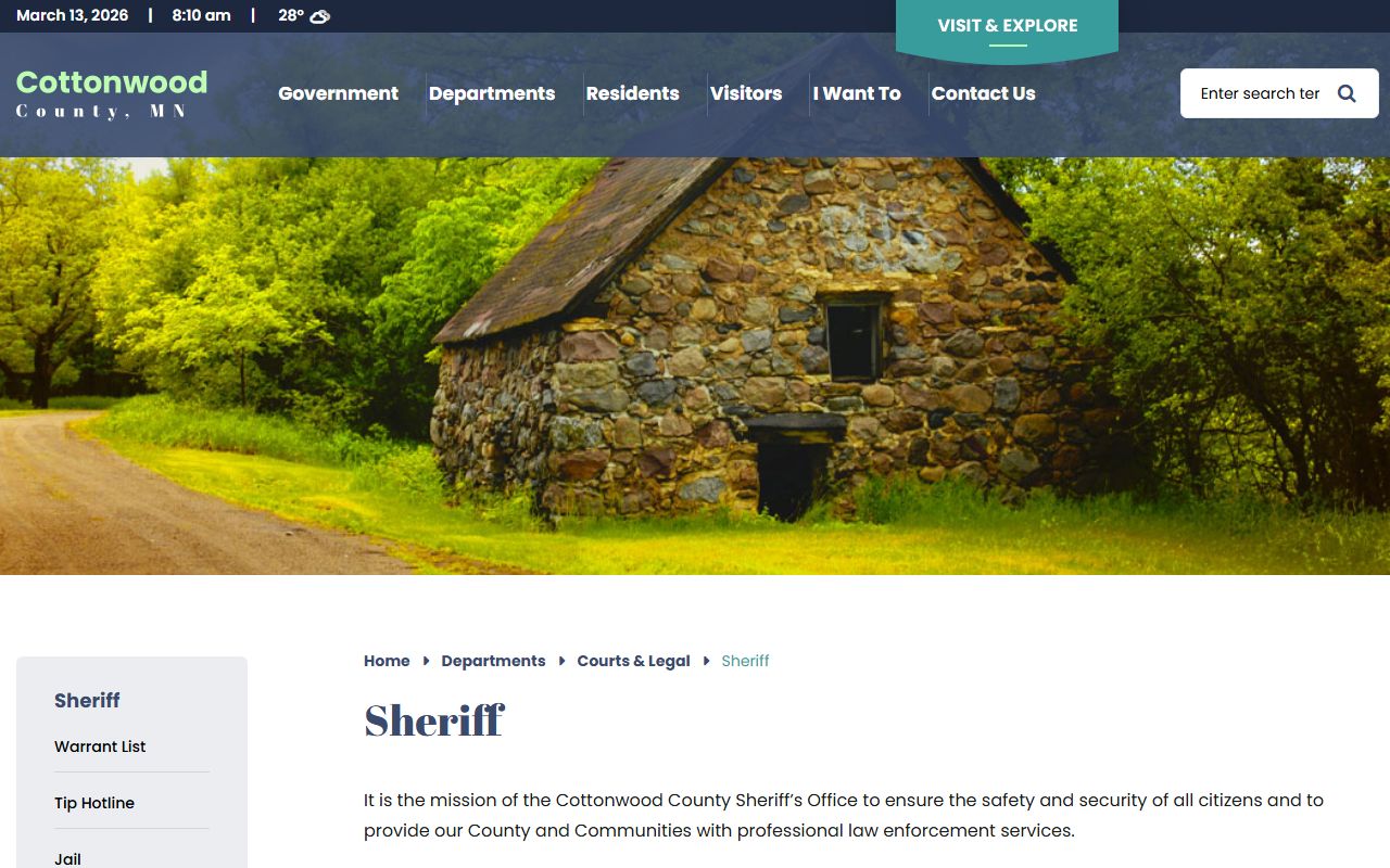 Cottonwood County Sheriff's Office page with jail roster and law enforcement info