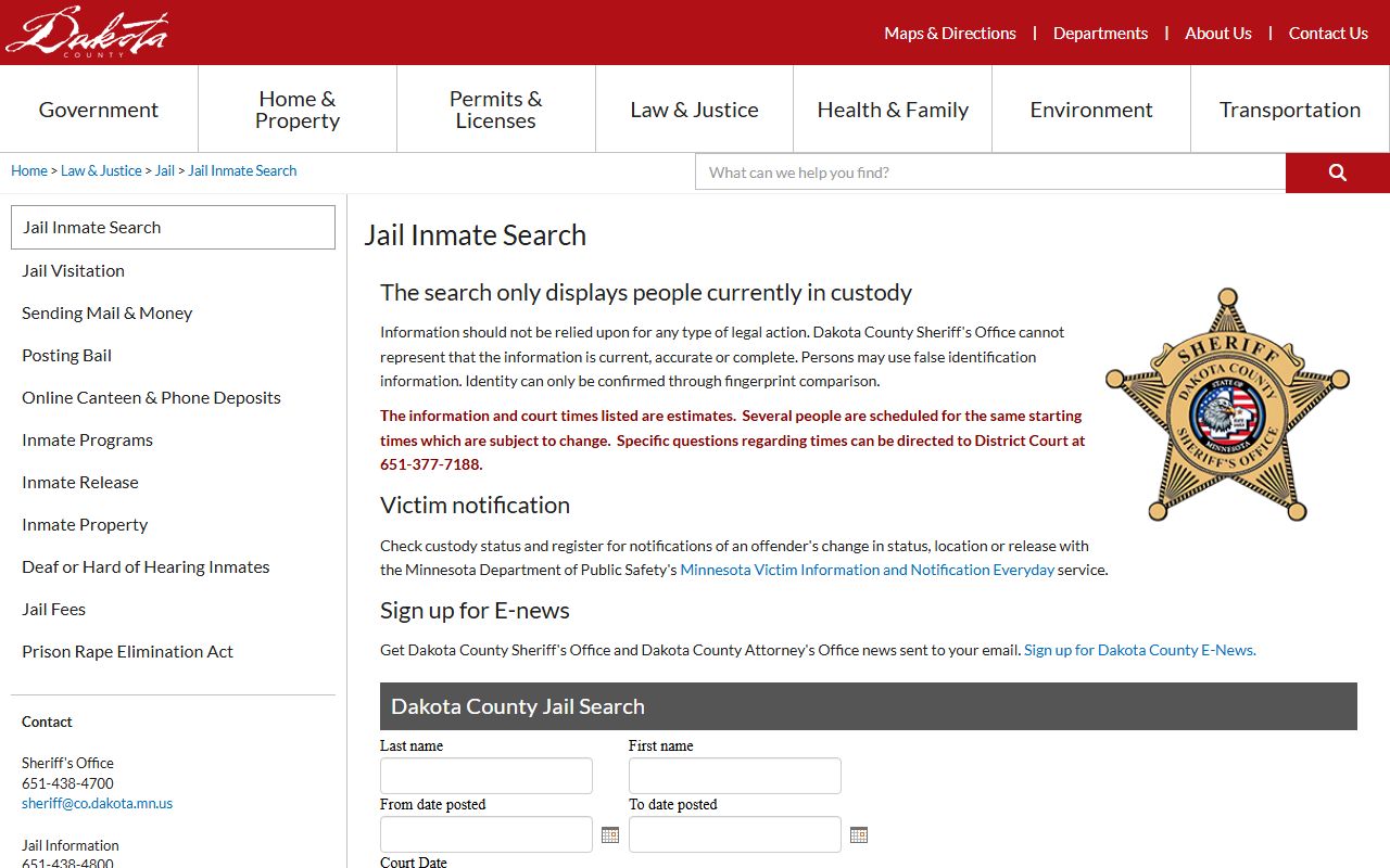 Dakota County inmate search page for jail roster lookups