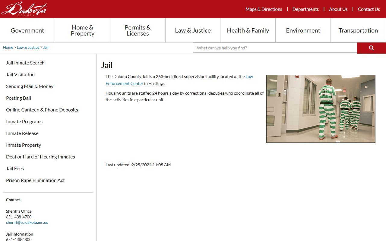 Dakota County Jail information page with details on services and jail roster
