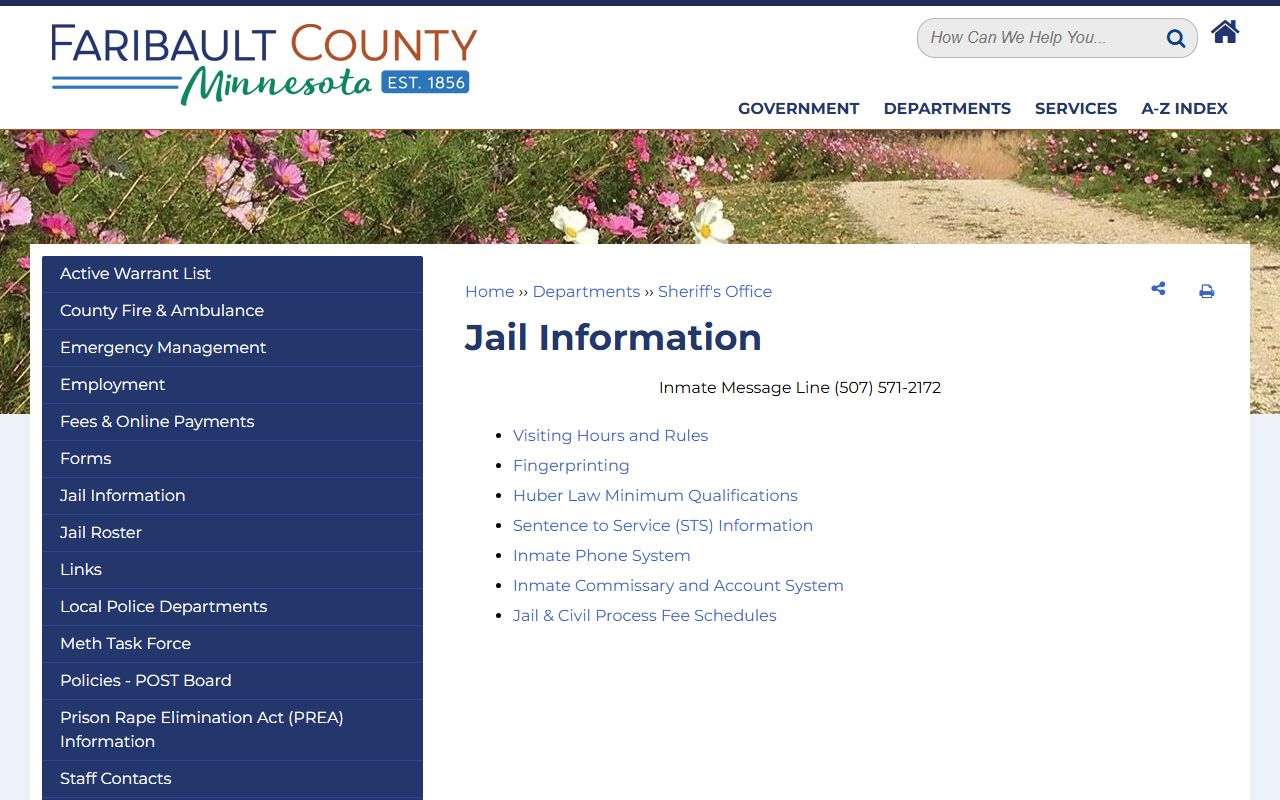Faribault County jail information page with inmate services