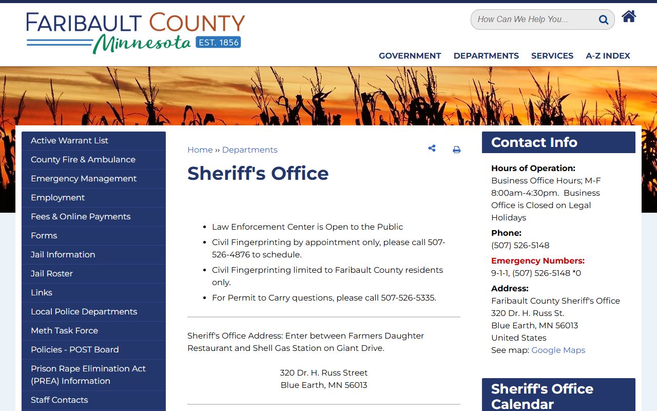 Faribault County Sheriff's Office website for jail roster access