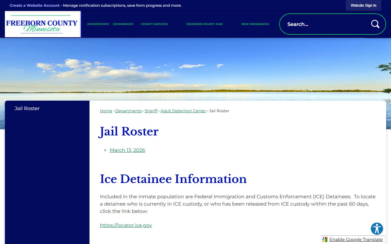 Freeborn County jail roster showing current inmates and charges