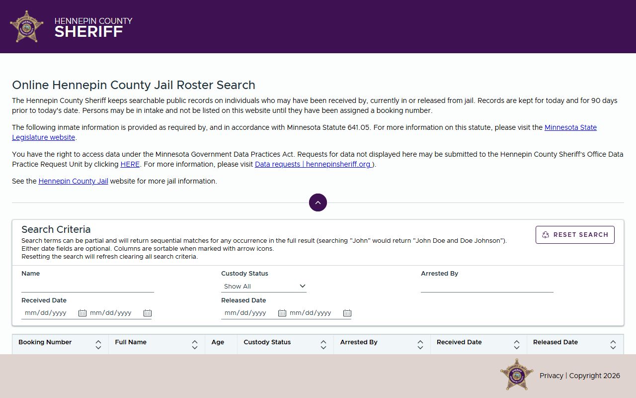 Hennepin County jail roster search tool