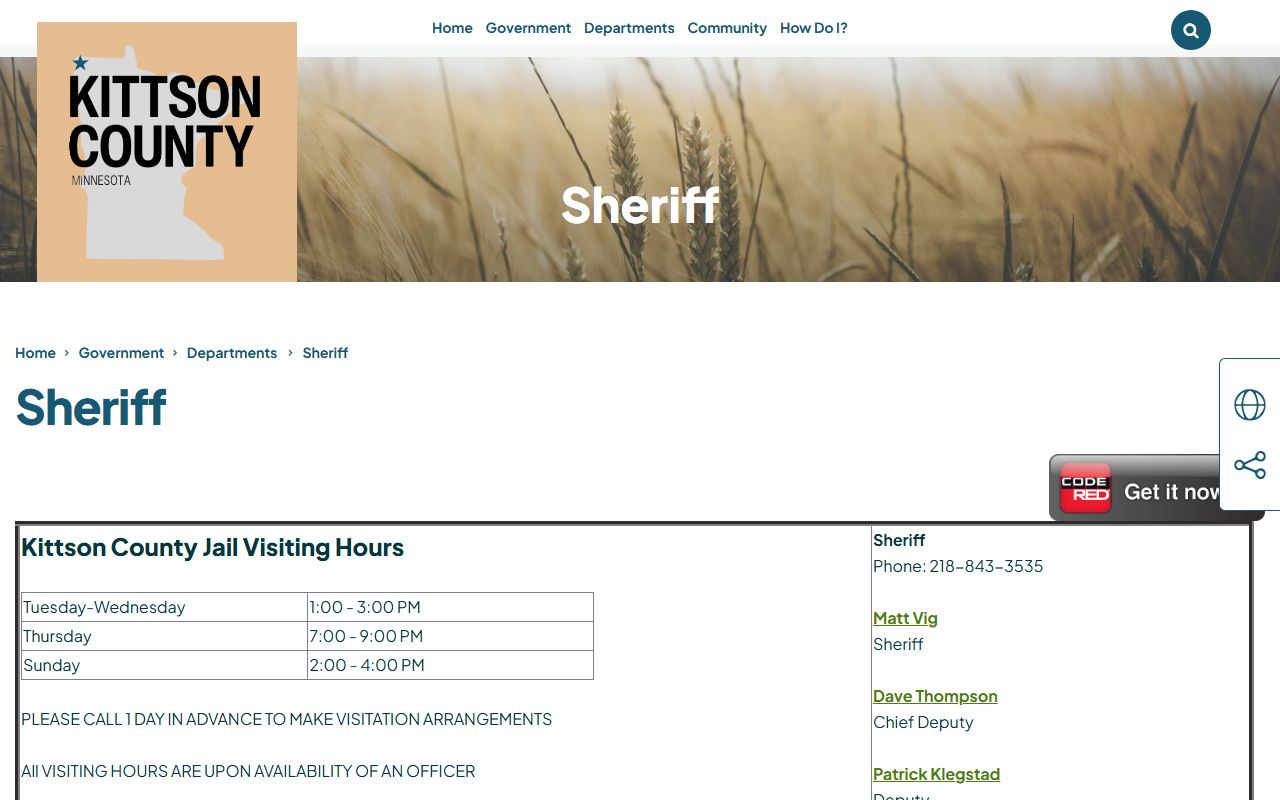 Kittson County Sheriff's Office page with jail roster contact information