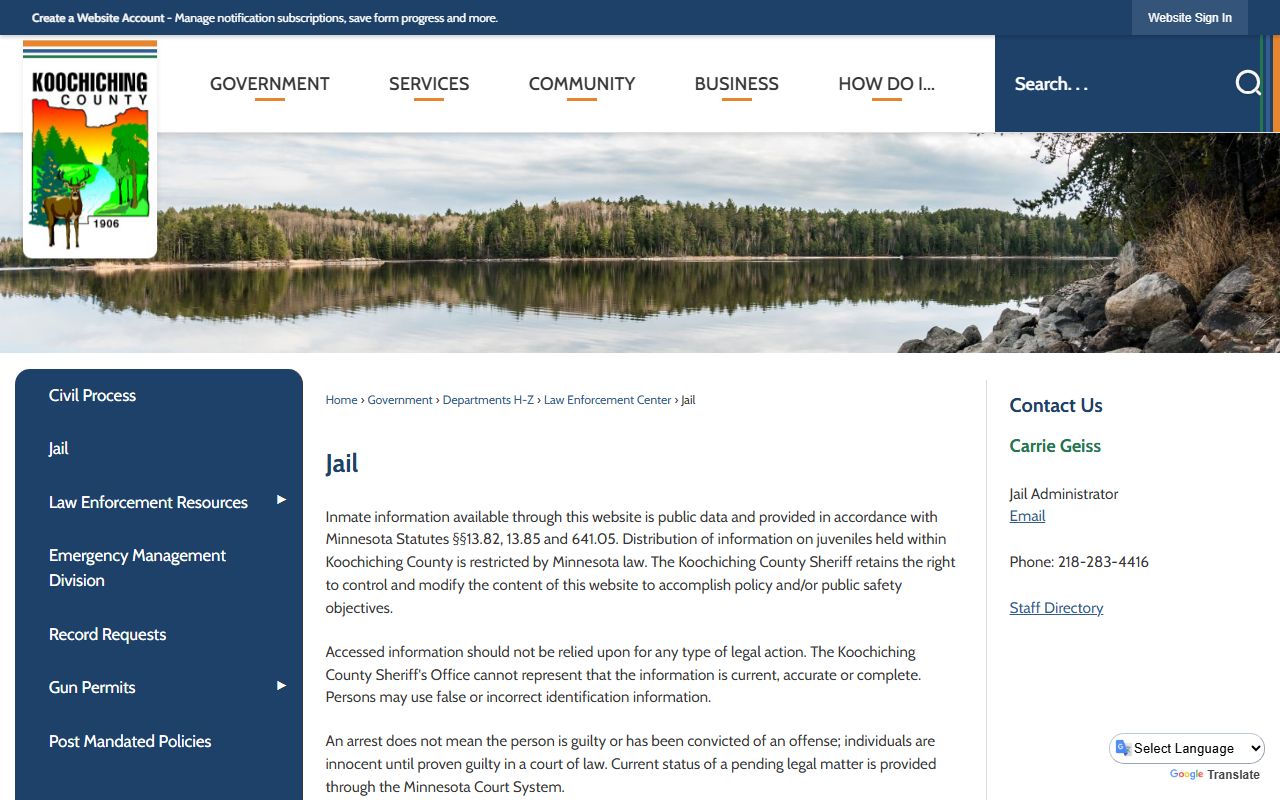 Koochiching County jail roster page with current inmate data