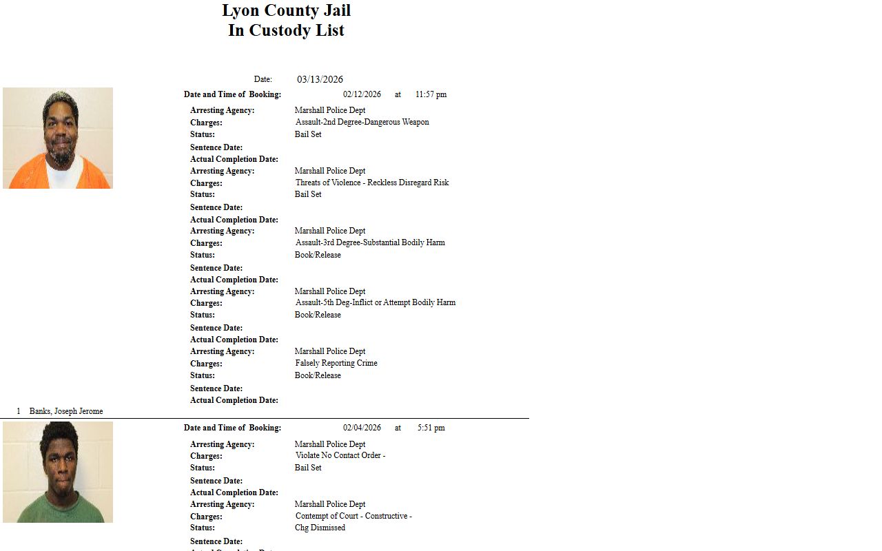 Lyon County custody list showing current jail roster inmates