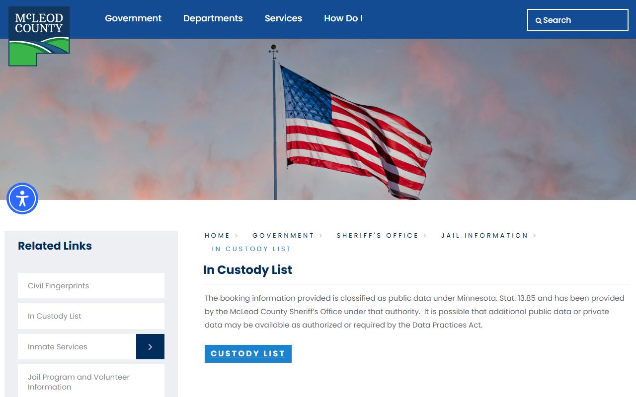 McLeod County in-custody list showing current jail roster entries