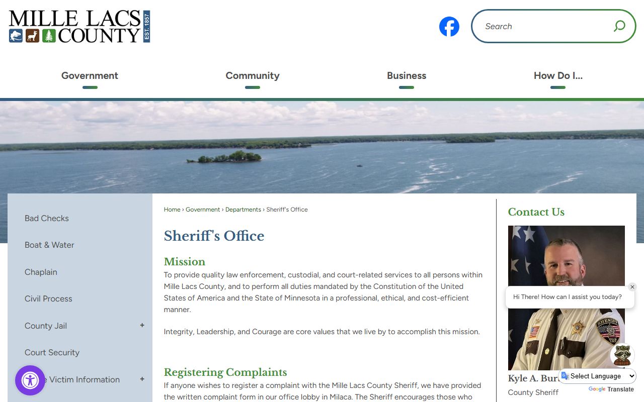 Mille Lacs County Sheriff's Office page with jail roster access