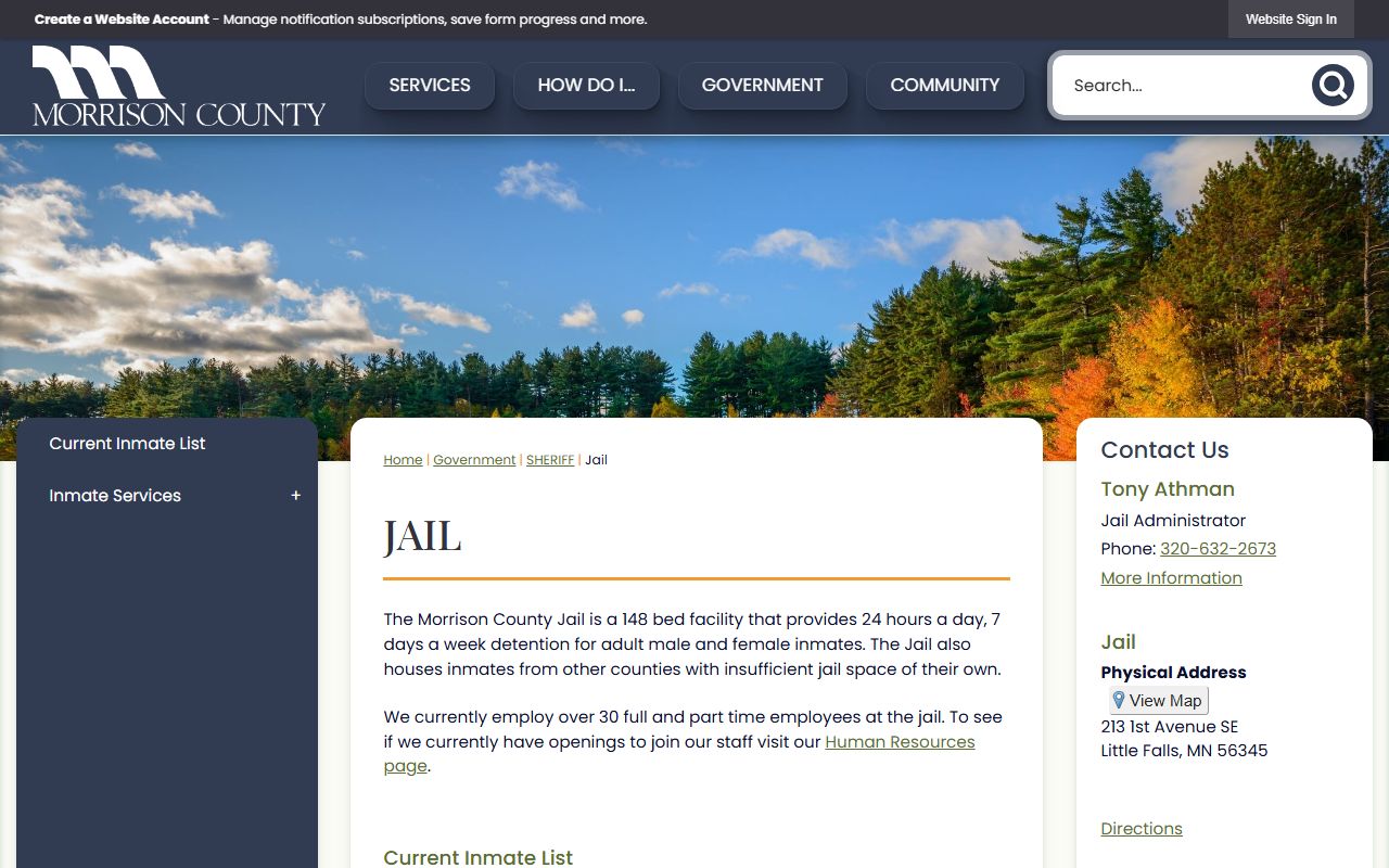 Morrison County Jail page showing booking and roster information