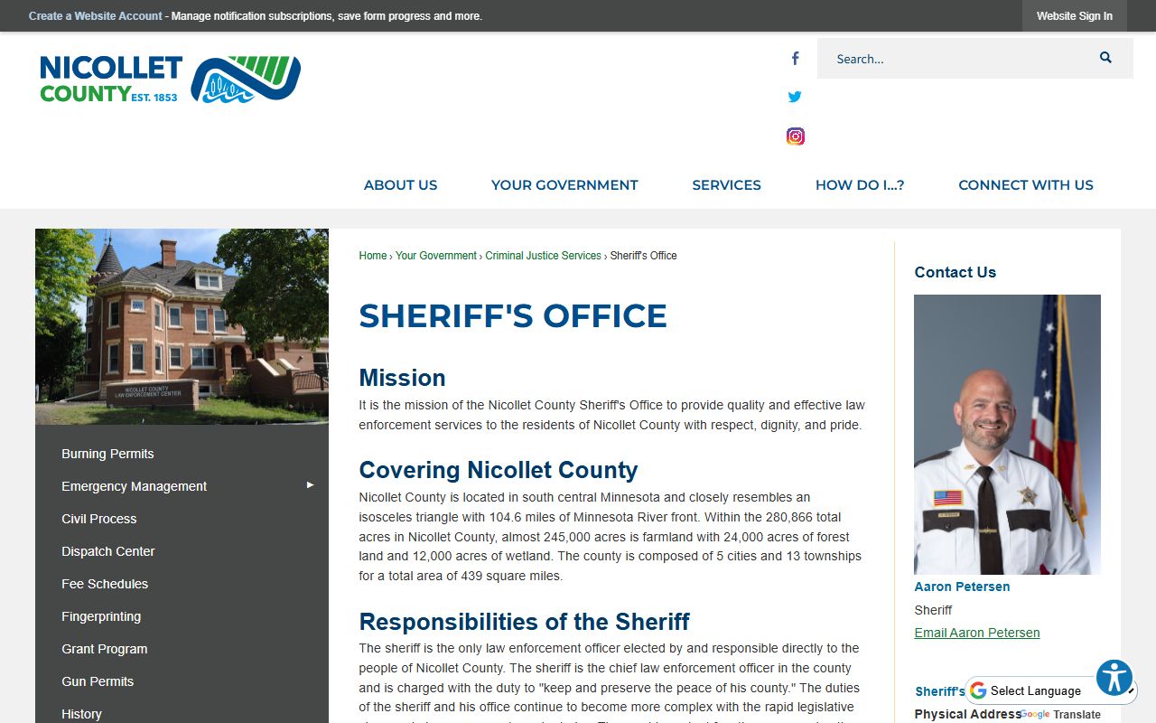 Nicollet County Sheriff's Office page with jail information