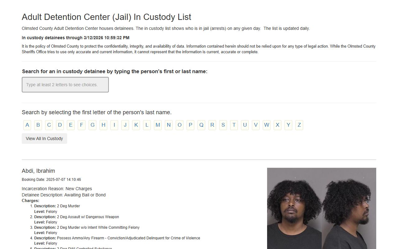Olmsted County detainee list for Rochester jail roster search