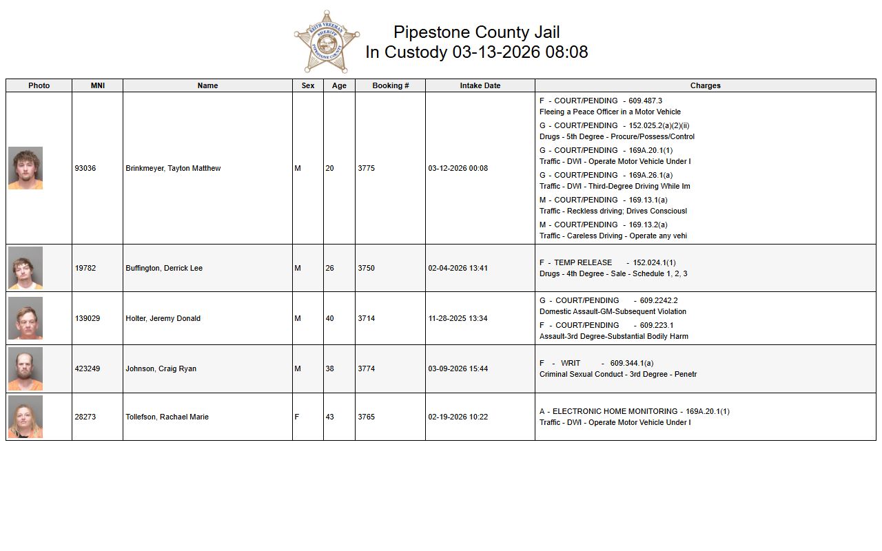 Pipestone County custody list showing current jail roster inmates