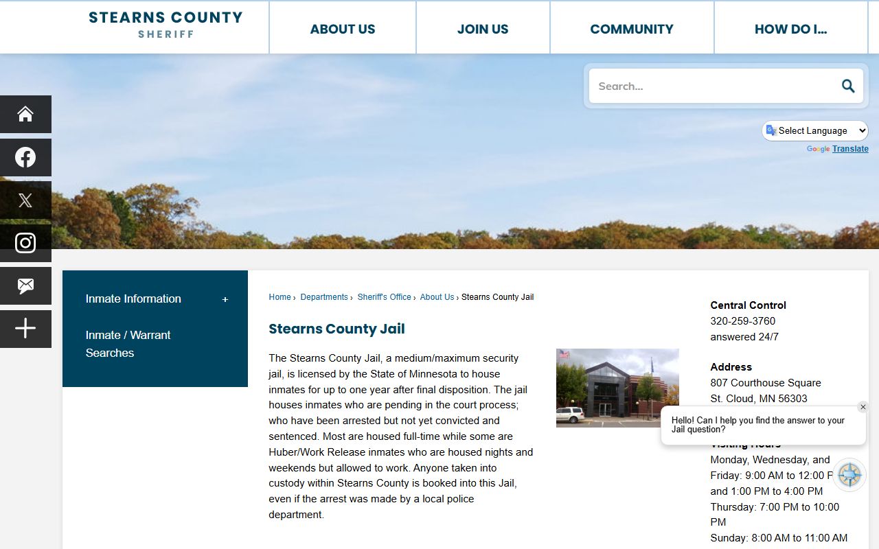 Stearns County Jail page with inmate search and roster access