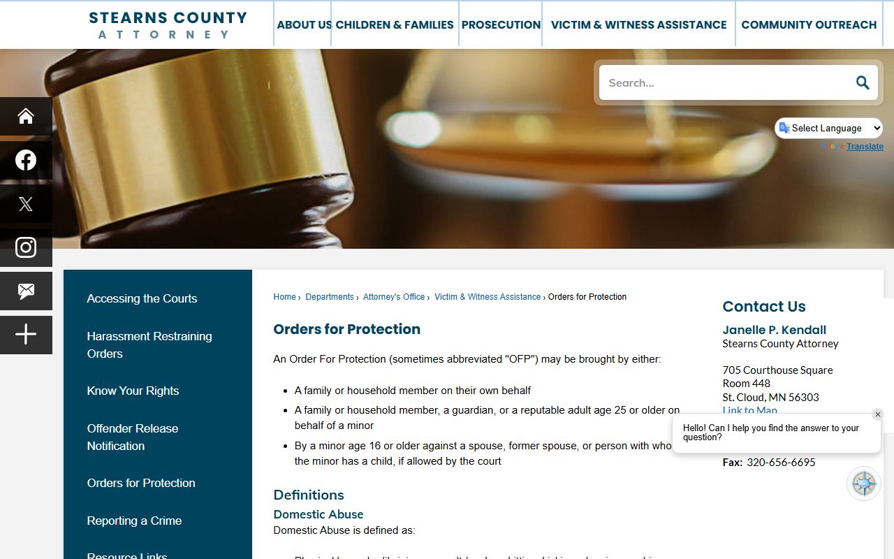 Stearns County Sheriff's Office page with jail roster contact information