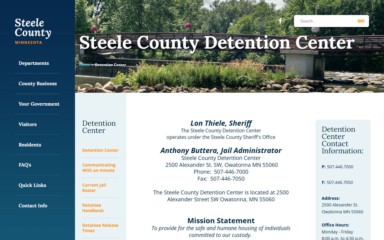 Steele County Detention Center page with jail roster PDF and inmate services