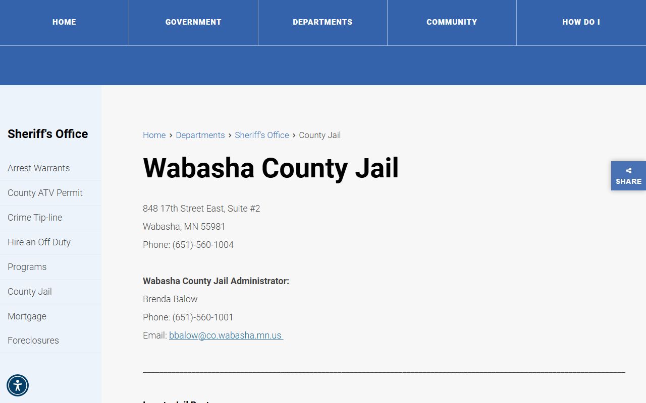 Wabasha County Jail page with custody list and jail roster access