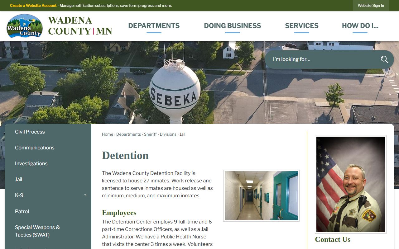 Wadena County Jail page showing inmate services and jail roster links