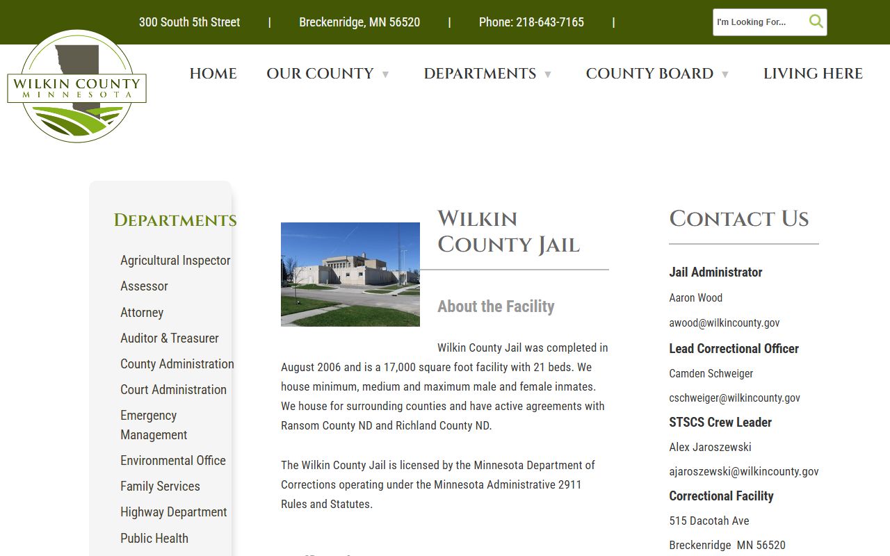 Wilkin County Jail page showing facility details and jail roster