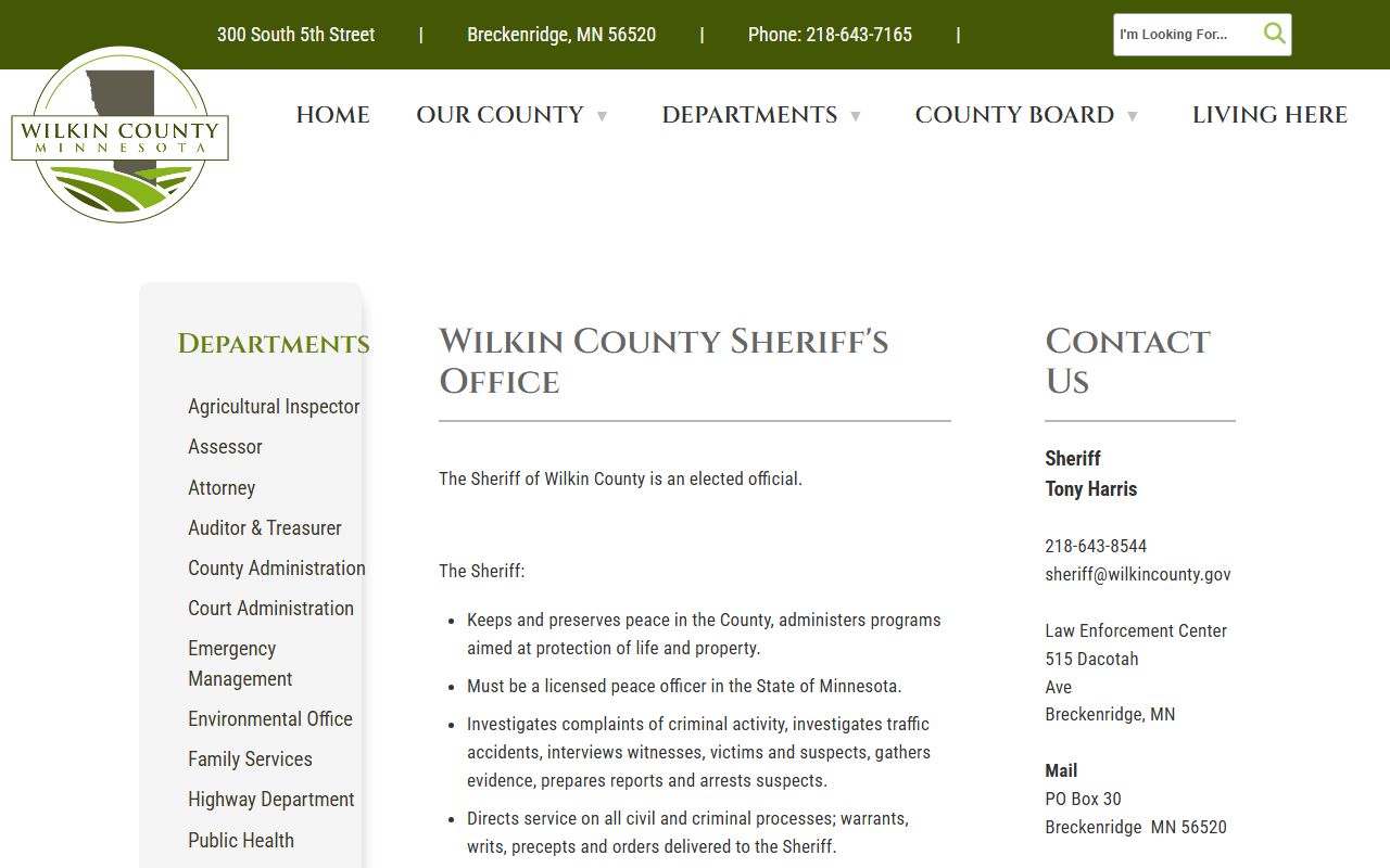 Wilkin County Sheriff's Office page with jail roster access