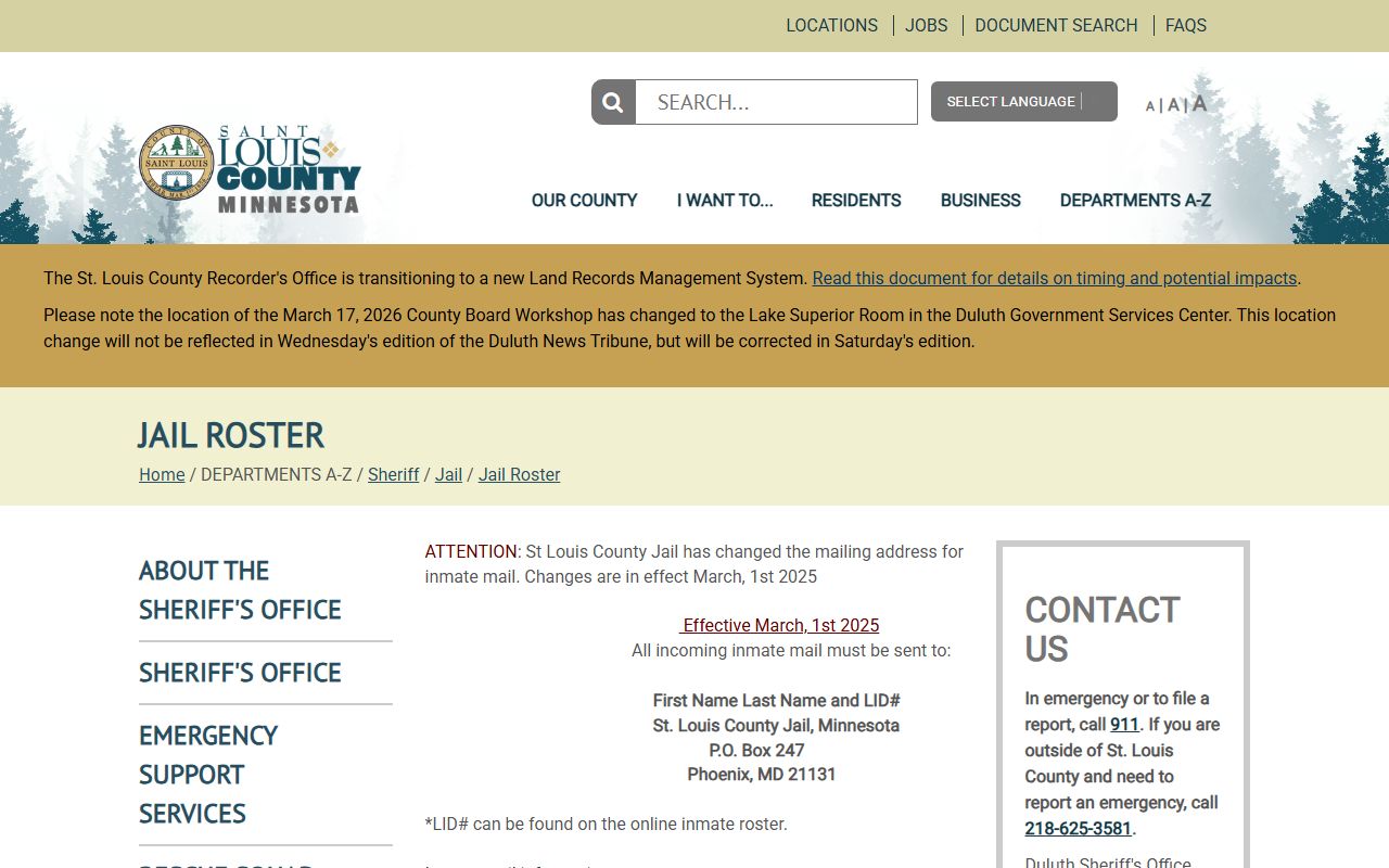 Minnesota St. Louis County jail roster search page